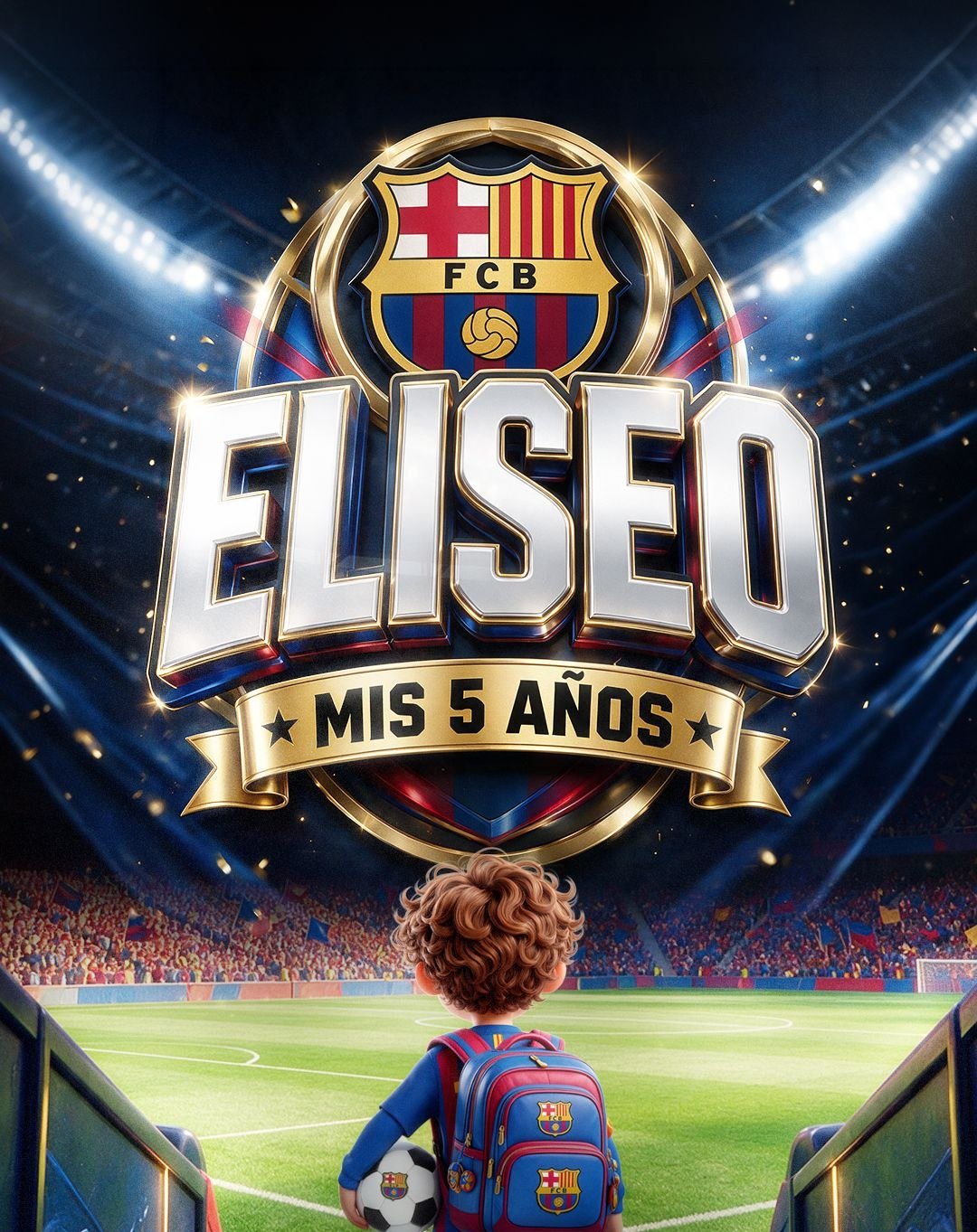 Eliseo, con mochila y balón, sale del túnel hacia la cancha bajo el escudo del Barça y su nombre en letras doradas: Mis 5 años.